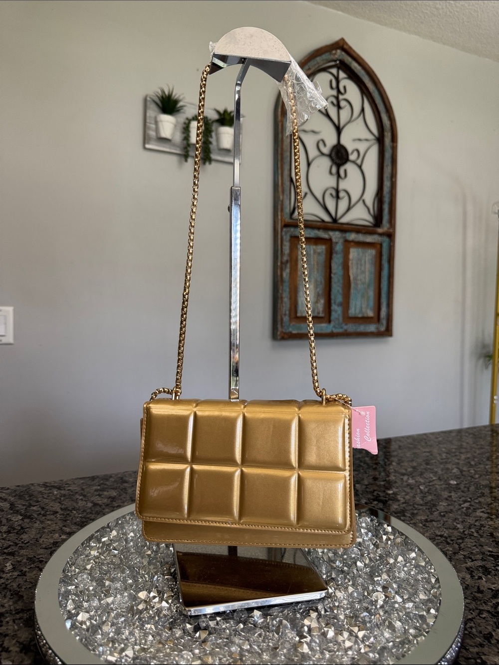 Metallic Gold Quilted shoulder clutch Bag with Chain Strap NWT